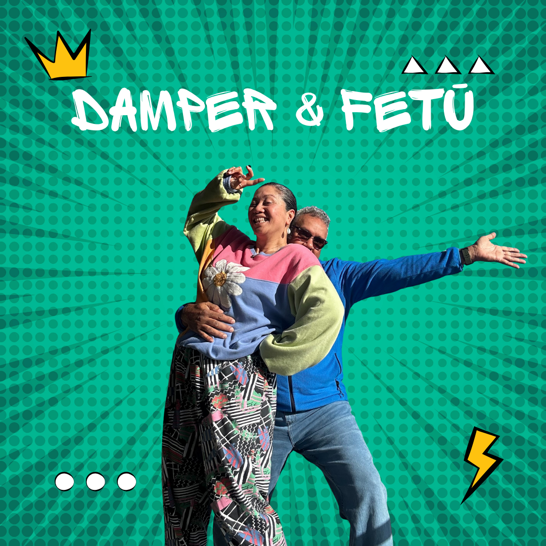 Australian Lifestyle blog with Mark and Maryann of Damper & Fetū smiling and striking a playful pose against a vibrant teal comic-style background with bold white text reading “Damper & Fetū.” Surrounded by pop-art icons including a crown, lightning bolt, and geometric symbols, representing creativity, cultural fusion, and joy.