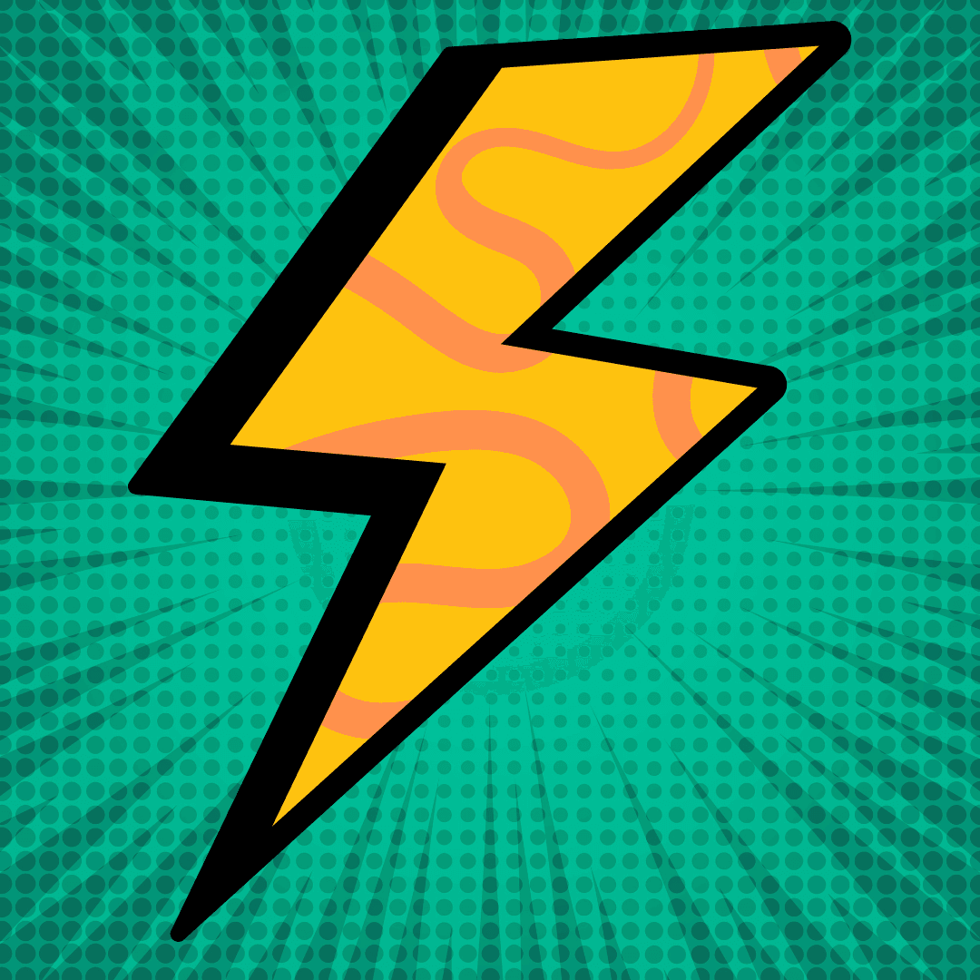 Damper & Fetū logo featuring a bold yellow lightning bolt with orange wavy lines and a thick black outline, set against a vibrant teal comic-style background with halftone dots and radiating lines, symbolising energy, creativity, and cultural impact.