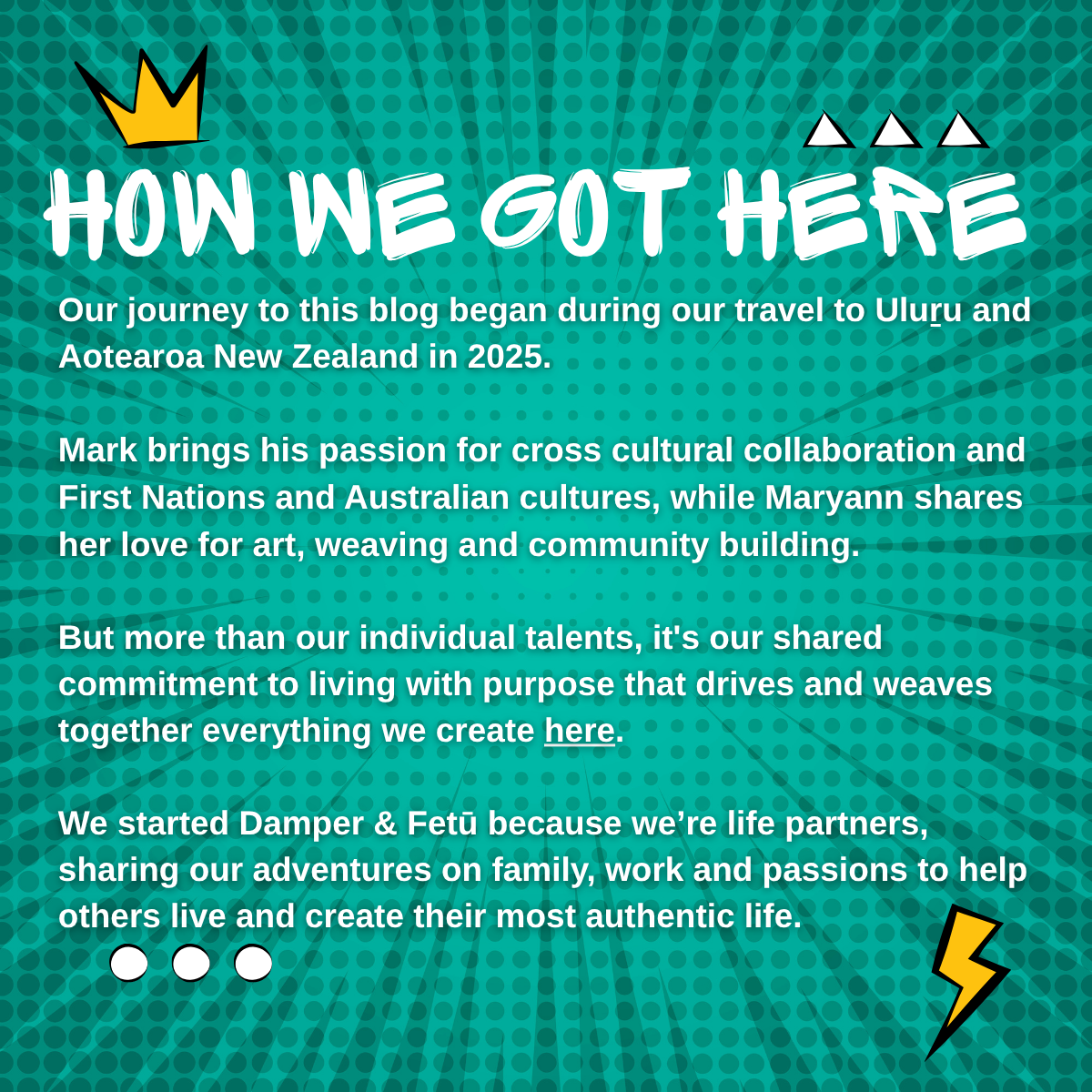 Pop-art style graphic titled “How We Got Here” featuring Damper & Fetū’s origin story. The text overlays a vibrant teal background with comic-style halftone dots, a yellow crown icon, and a small lightning bolt. The story shares how Mark and Maryann began their blog during a 2025 journey to Uluru and Aotearoa New Zealand, inspired by cultural collaboration, weaving, and purposeful living.