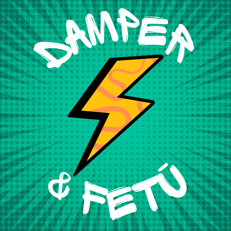 Damper & Fetū logo featuring a bold yellow lightning bolt with orange wave patterns, outlined in black, centered on a vibrant teal pop-art background with dotted halftone rays. The brand name “Damper & Fetū” is written in playful white comic-style text above and below the bolt, symbolising energy, culture, and creative collaboration.