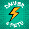 Damper & Fetū logo featuring a bold yellow lightning bolt with orange wave patterns, outlined in black, centered on a vibrant teal pop-art background with dotted halftone rays. The brand name “Damper & Fetū” is written in playful white comic-style text above and below the bolt, symbolising energy, culture, and creative collaboration.