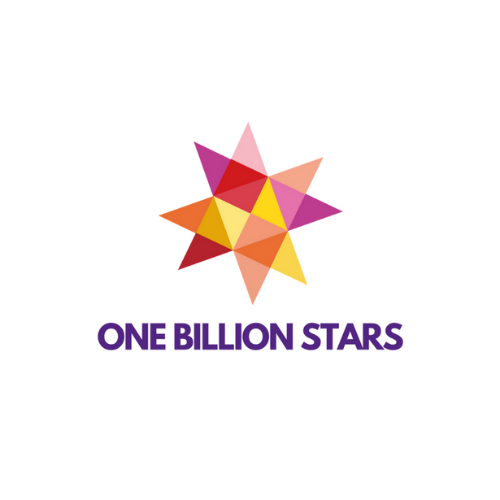 Official One Billion Stars logo featuring overlapping pink, red, orange and yellow triangles forming a star shape — representing global unity, hope, and creativity through weaving.