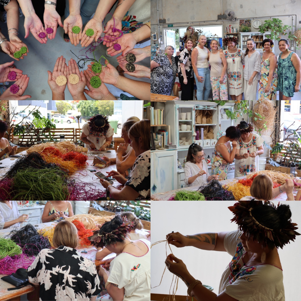 A collage of images of women weaving at Carys Martin Studio, learning raffia earring weaving with Maryann Talia Pau